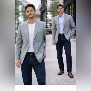 Men's Blue Striped Blazer Lessona wool and linen size 40R made in Italy